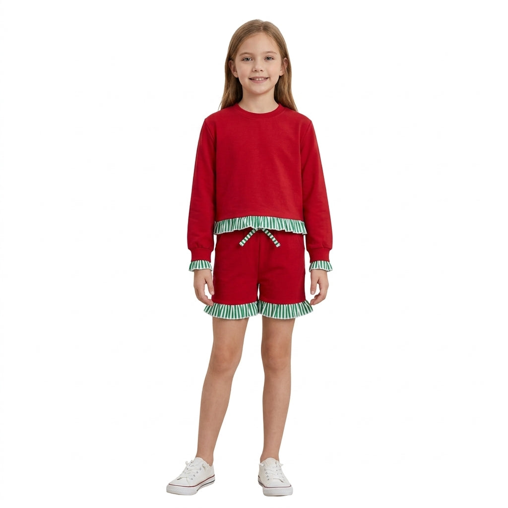 NO MOQ RTS GLS0269-bundle (2) Baby Girl Clothes Solid Red Striped Splice Print Long Sleeve Ruffle Top And Short Set 202610