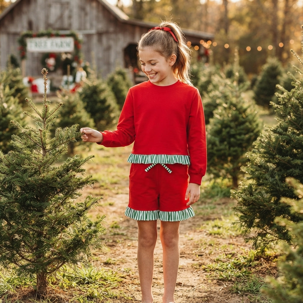 NO MOQ RTS GLS0269-bundle (2)Baby Girl Clothes Solid Red Green Stripe Ruffle Spliced Long Sleeve Top Short Pant Set 202610