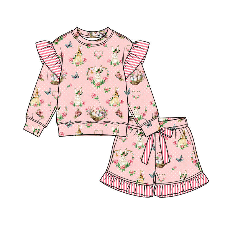 Preorder (moq 5) GLS0270 Baby Girl Clothes Easter Bunny Floral Mixed Print Long Sleeve Ruffle Top Shorts Set