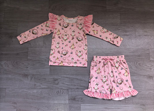 Sample-Real Pics GLS0270 Baby Girl Clothes Cute Floral Print Long Sleeve Top And Ruffle Short Set