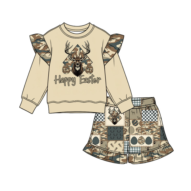 Preorder (moq 5) GLS0271 Baby Girl Clothes Happy Easter Deer Camo Patchwork Print Long Sleeve Ruffle Top Shorts Set