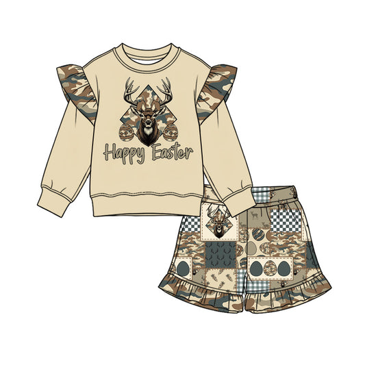 Preorder (moq 5) GLS0271 Baby Girl Clothes Happy Easter Deer Camo Patchwork Print Long Sleeve Ruffle Top Shorts Set