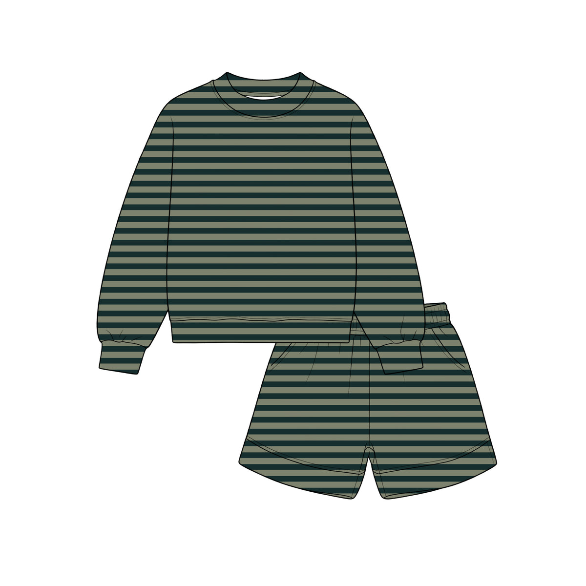 Preorder (moq 5) GLS0275 Baby Girl Clothes Dark Green Striped Print Long Sleeve Top Flare Pants Outfit Set