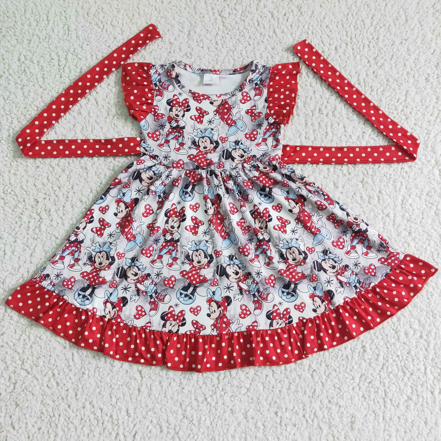 promotion price GSD0043 cartoon mouse red ruflles white dots belt puffy pink plaid short sleeve dress 0418