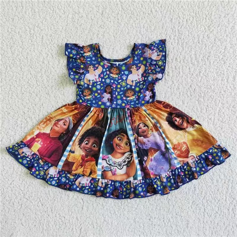 promotion GSD0065 patchwork cartoon magical girl blue puffy short sleeve party patch work twist Kids girl dress 20230527 RTS