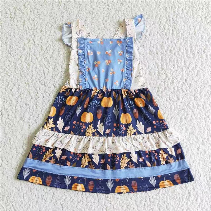 GSD0123 RTS puffy sleeve Crisscross back belt short sleeve blue orange pumpkin flower ruffle girl dress 20230524