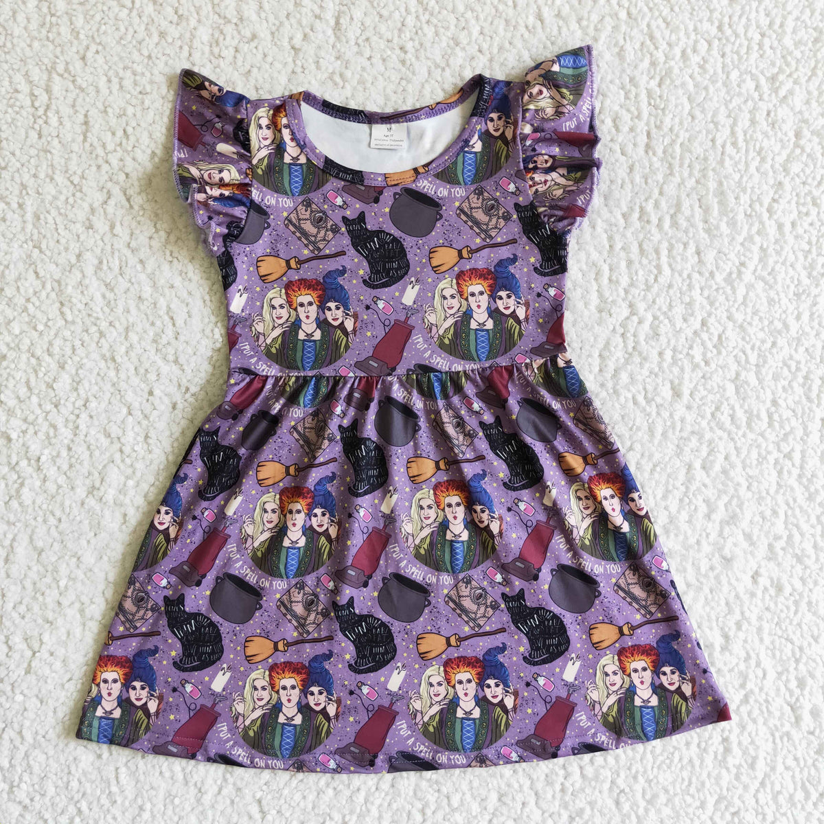 Sample-Real Pics GSD0143 (1) Baby Girl Clothes Halloween Witch Cat Cauldron Broom Print Flutter Sleeve Twirl Dress-promotion $5.5 2026.9.19