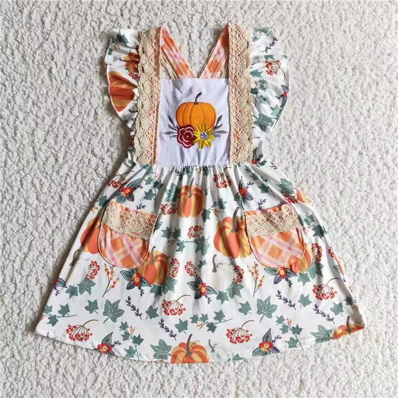 GSD0146 Halloween embroidery pumpkin lace short sleeve girl dress RTS 20230621