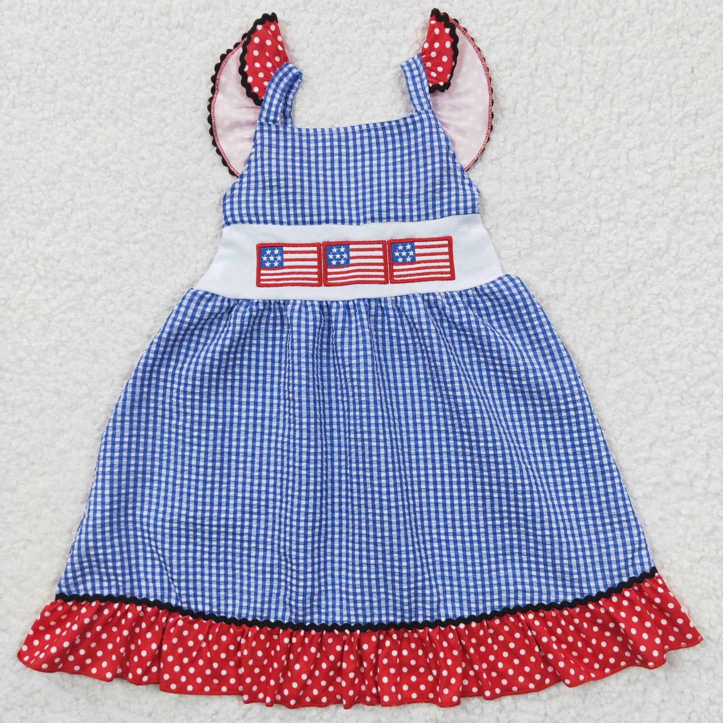 promotion GSD0191 Embroidery 4TH OF JULY American national flag blue red short sleeve girl dress 20230425 RTS