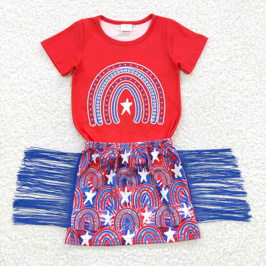 GSD0338  rainbow tassel skirt short sleeve girl summer outfit 20230427 RTS