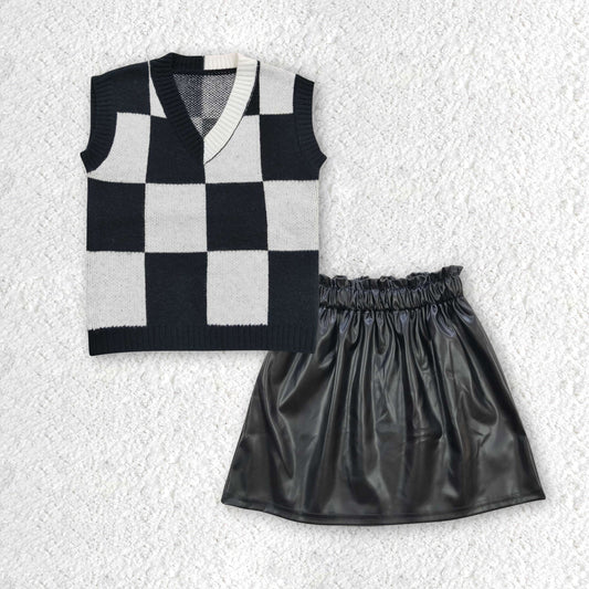 GSD0419 checkerboard sweater tassel leather skirt short sleeve girl outfit 20230526 RTS