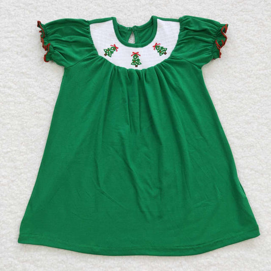 GSD0432-xs-4xl Christmas tree girl dress Smock embroidery cotton blue short sleeve girl dress 20230720