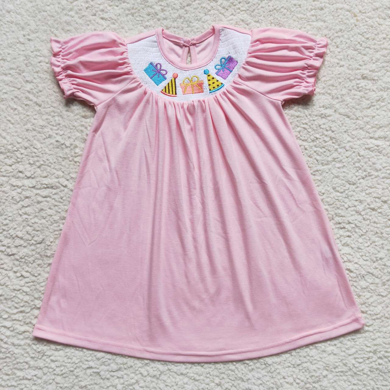 GSD0436-3xs-4xl Thanksgiving turkey Smock embroidery cotton blue dress short sleeve girl dress 20230925 RTS