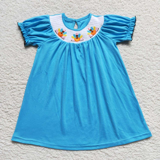 GSD0436-3xs-4xl Thanksgiving turkey Smock embroidery cotton blue dress short sleeve girl dress 20230925 RTS