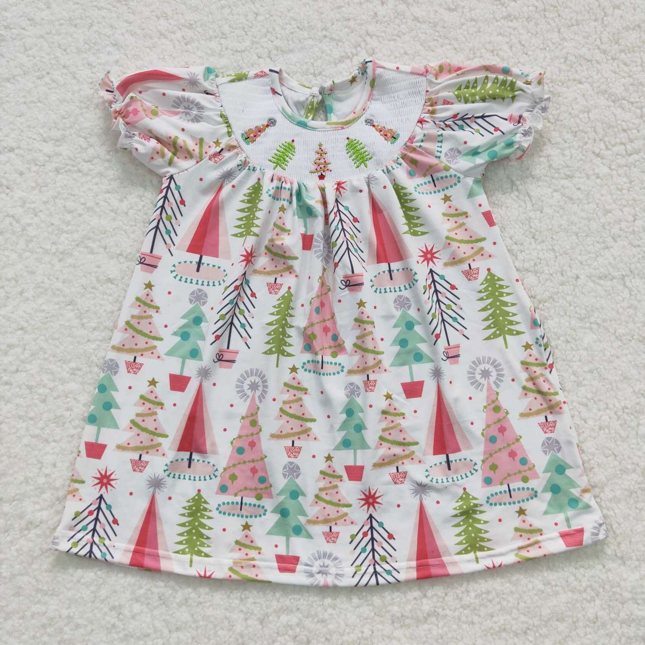 GSD0440-3xs-4xl-Christmas tree girl dress Smock embroidery cotton blue short sleeve girl dress 20230814