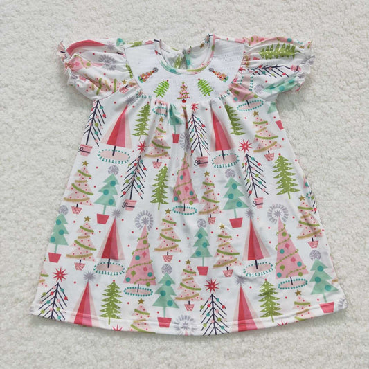 GSD0440-3xs-4xl-Christmas tree girl dress Smock embroidery cotton blue short sleeve girl dress 20230814