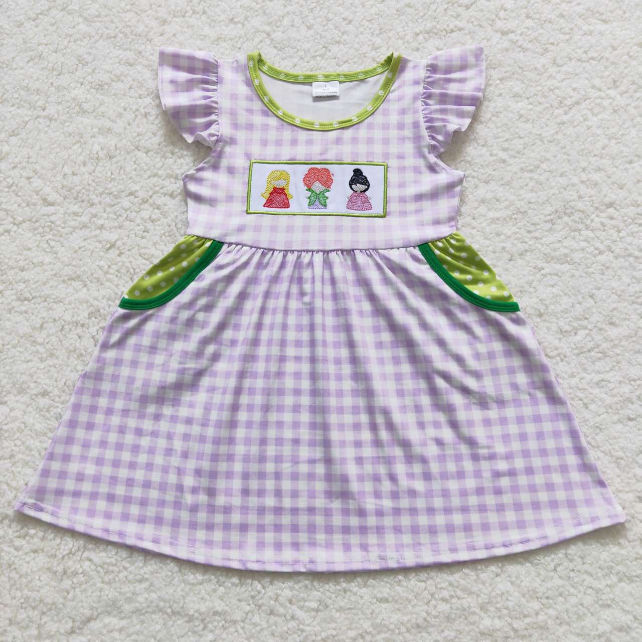 GSD0451 purple embroidered plaid short sleeve cartoon princess girl dress RTS 20230828