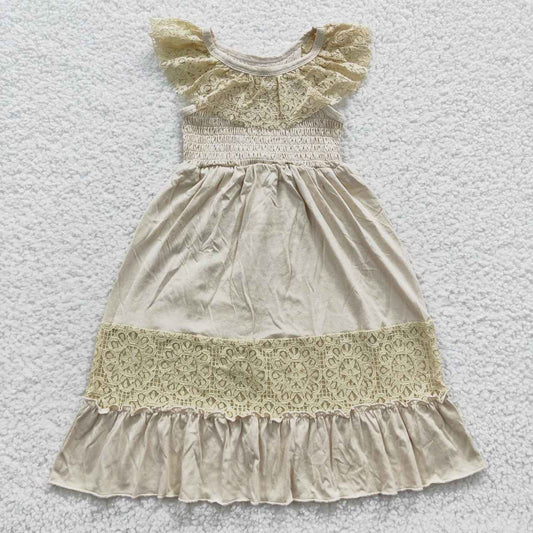 GSD0456 short sleeve yellow white lace smocked cotton long girl dress 20230711 RTS