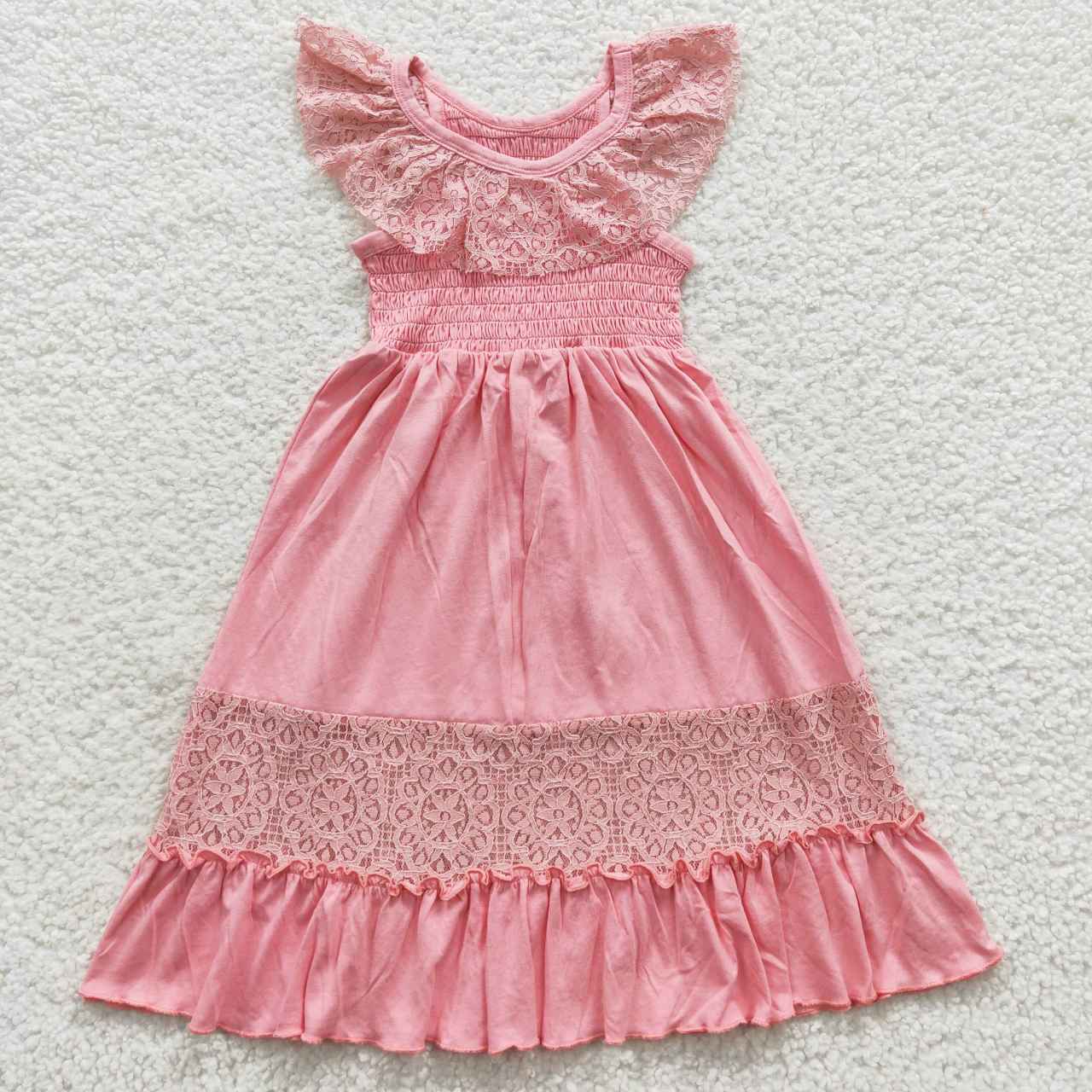 GSD0457 short sleeve pink lace smocked cotton long girl dress 20230711 RTS