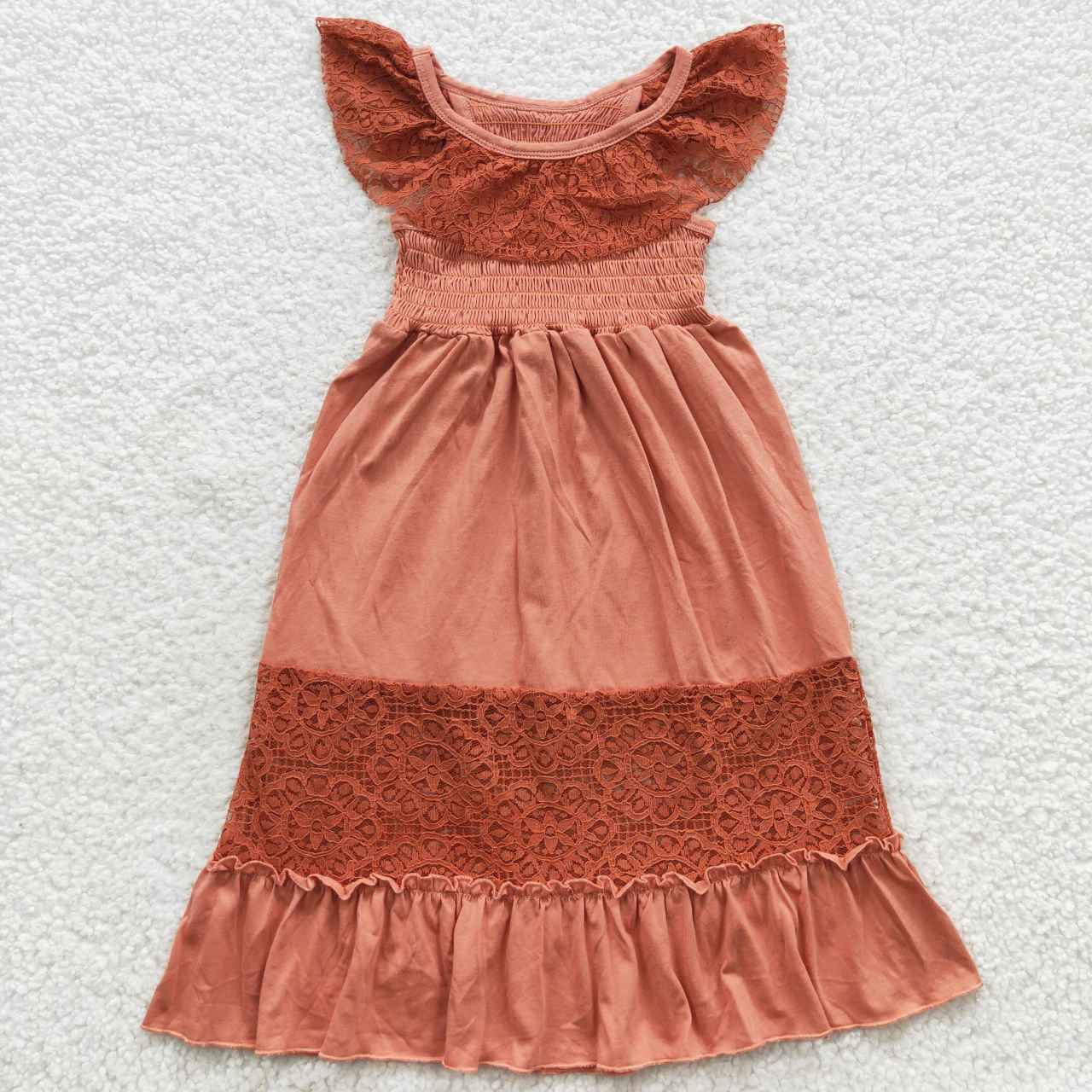 GSD0458 short sleeve brick-red lace smocked cotton long girl dress 20230711 RTS