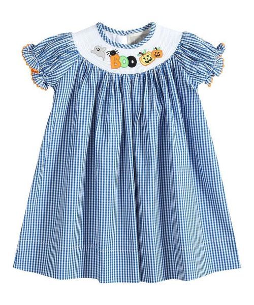 GSD0467  halloween short sleeve embrodiery smock blue plaid girl dress preorder 20230720