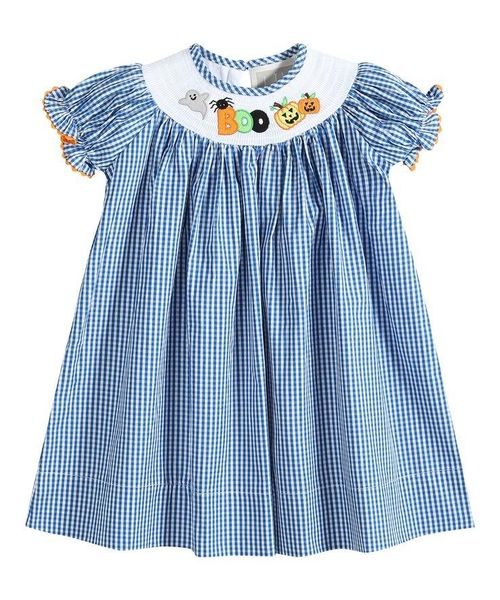GSD0467  halloween long sleeve embrodiery smock blue plaid girl dress preorder 20230720