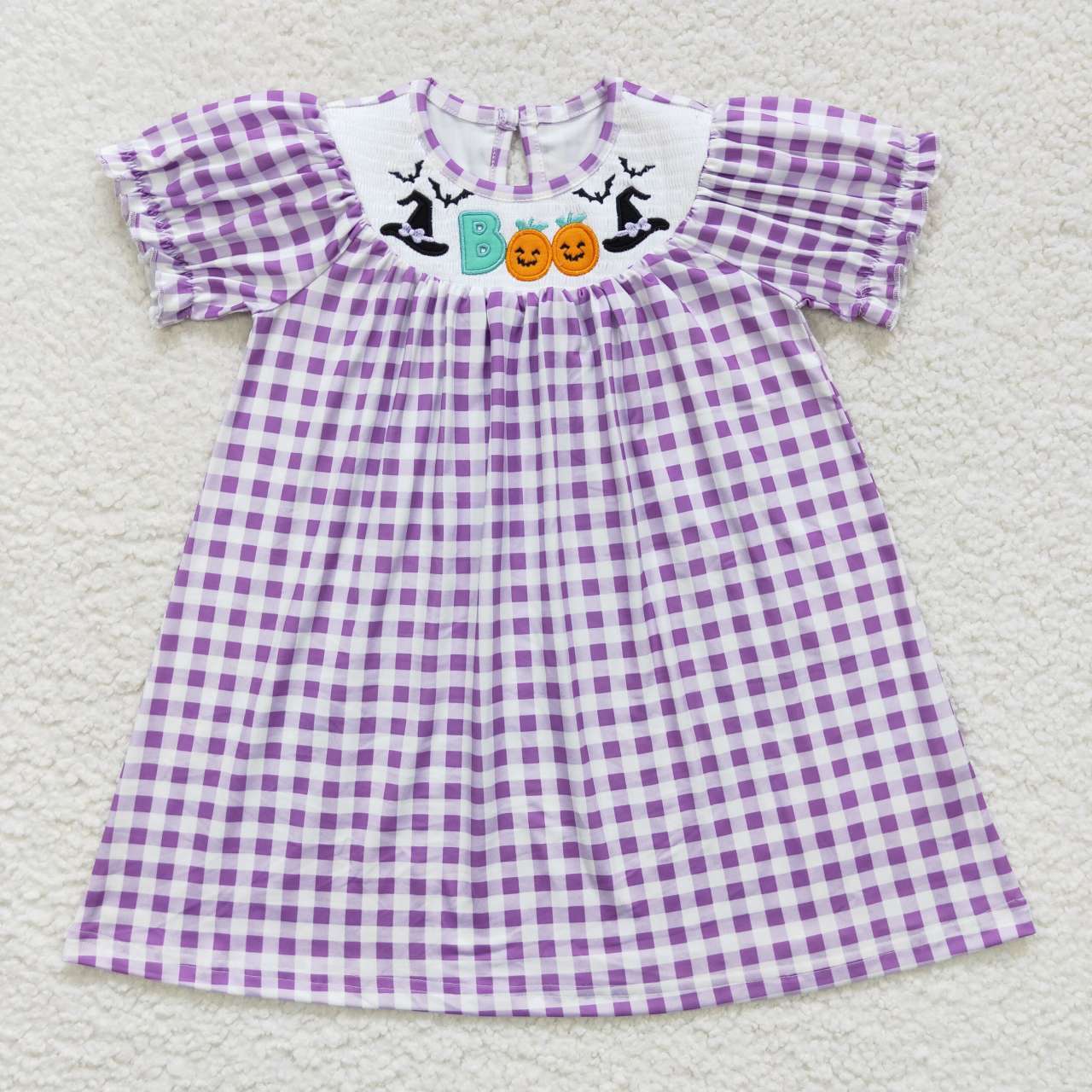 GSD0468 halloween short sleeve embrodiery smock purple plaid girl dress RTS 20230925