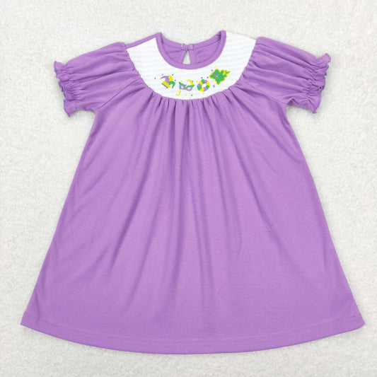GSD0502 RTS Mardi Gras purple smocked short sleeve girl dress 202401
