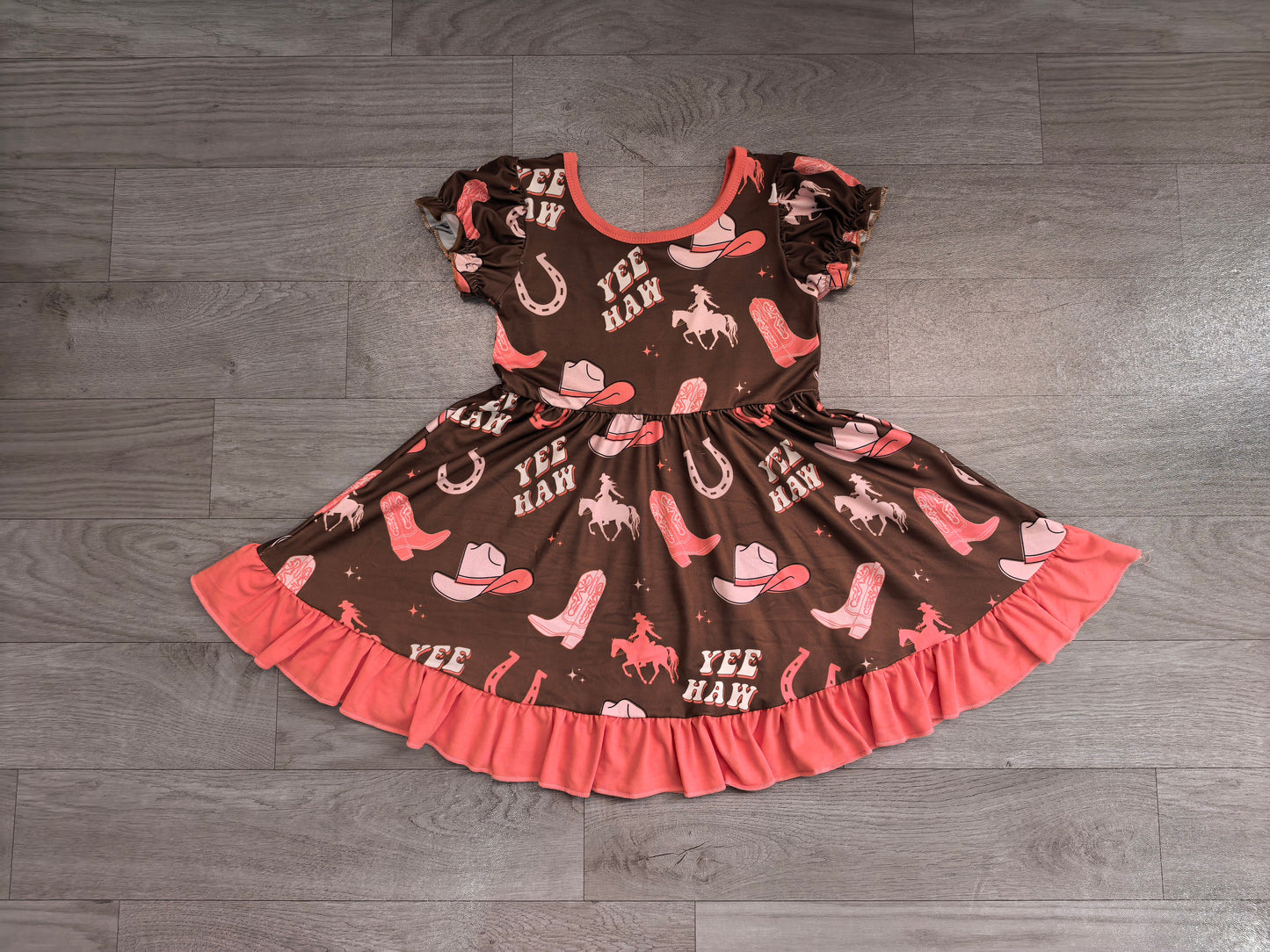 RTS GSD0748 Western Cowboy Print Ruffle Short Sleeve Girls Twirl Dress