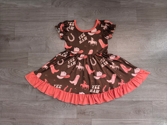 RTS GSD0748 Western Cowboy Print Ruffle Short Sleeve Girls Twirl Dress