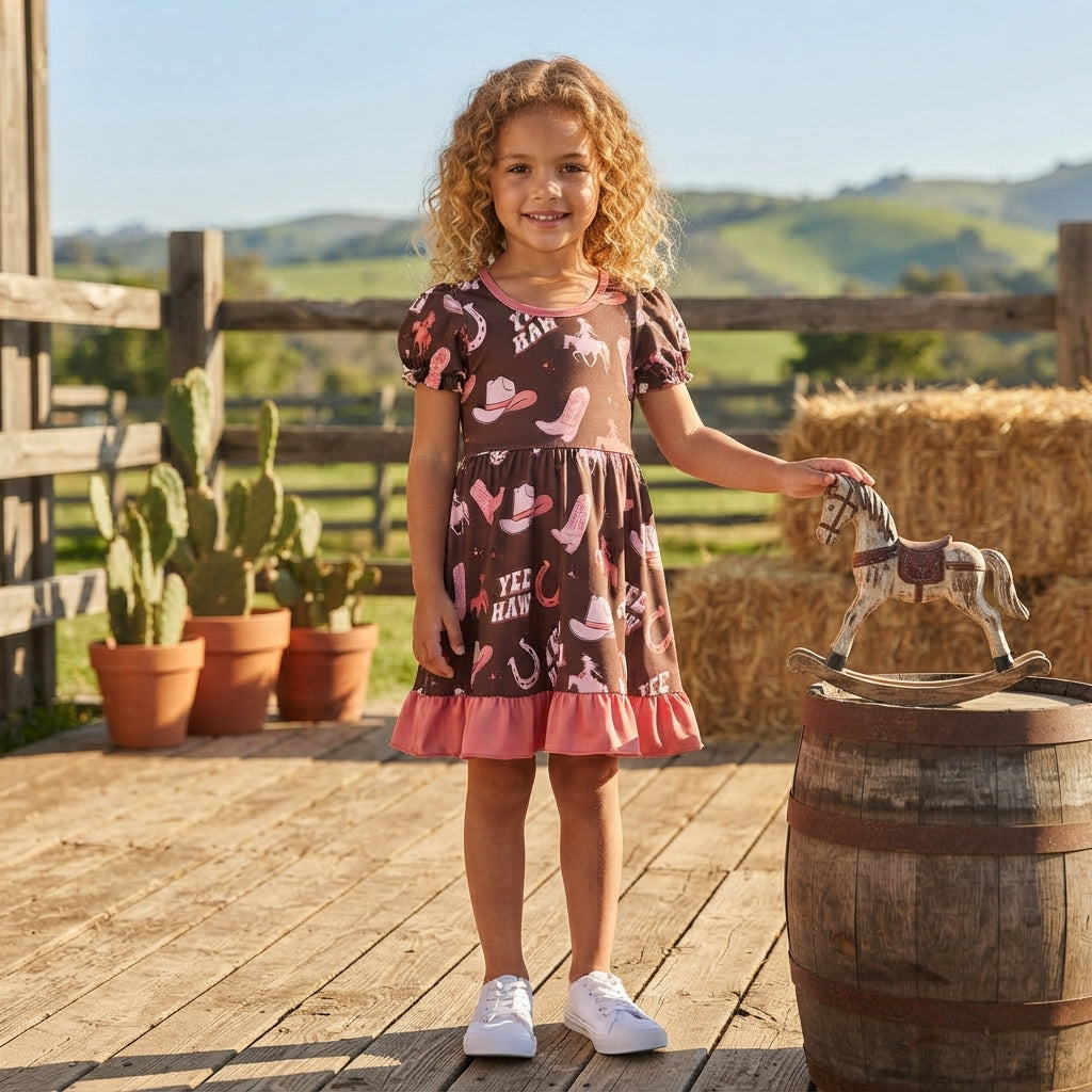 NO MOQ RTS GSD0748 (2) Baby Girl Clothes Cowboy Horse Boot Yee Haw Print Short Sleeve Ruffle Twirl Dress 202609