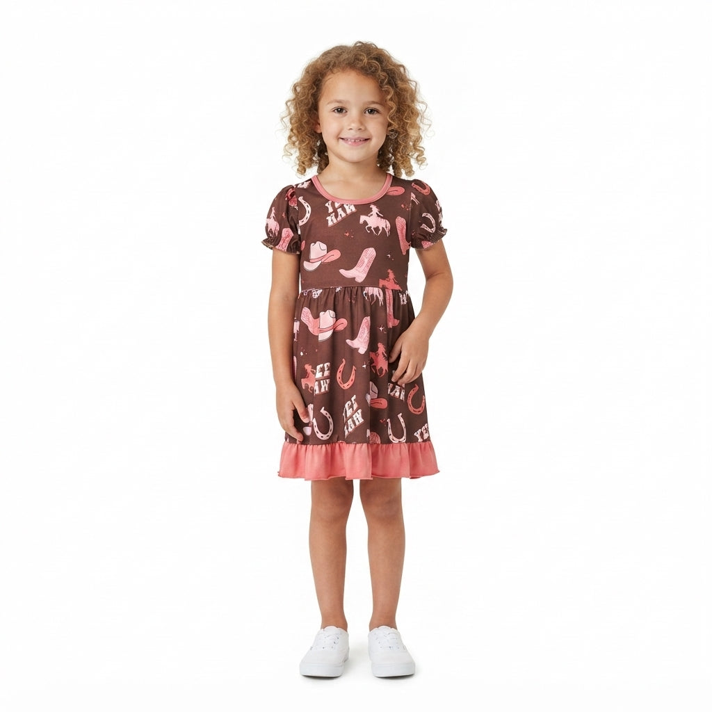 NO MOQ RTS GSD0748 (2) Baby Girl Clothes Cowboy Horse Boot Yee Haw Print Short Sleeve Ruffle Twirl Dress 202609