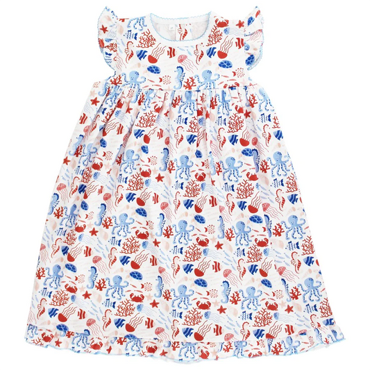 GSD1120 sea horse 4th July short sleeves girl dress preorder 202403