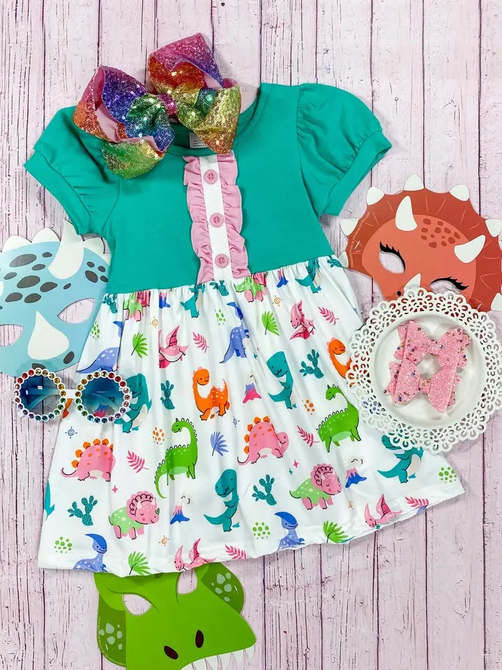 GSD1265 dinosaur girl short sleeves girl dress preorder 202404