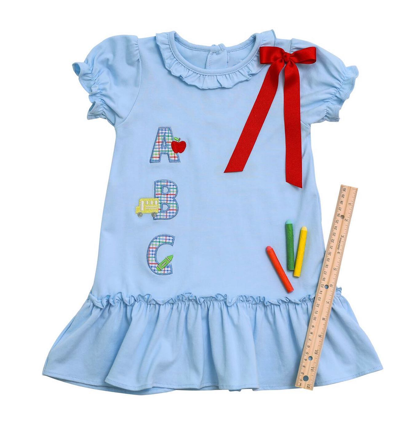 GSD1283 western ABC bus car school blue girl short sleeves girl dress preorder 202404