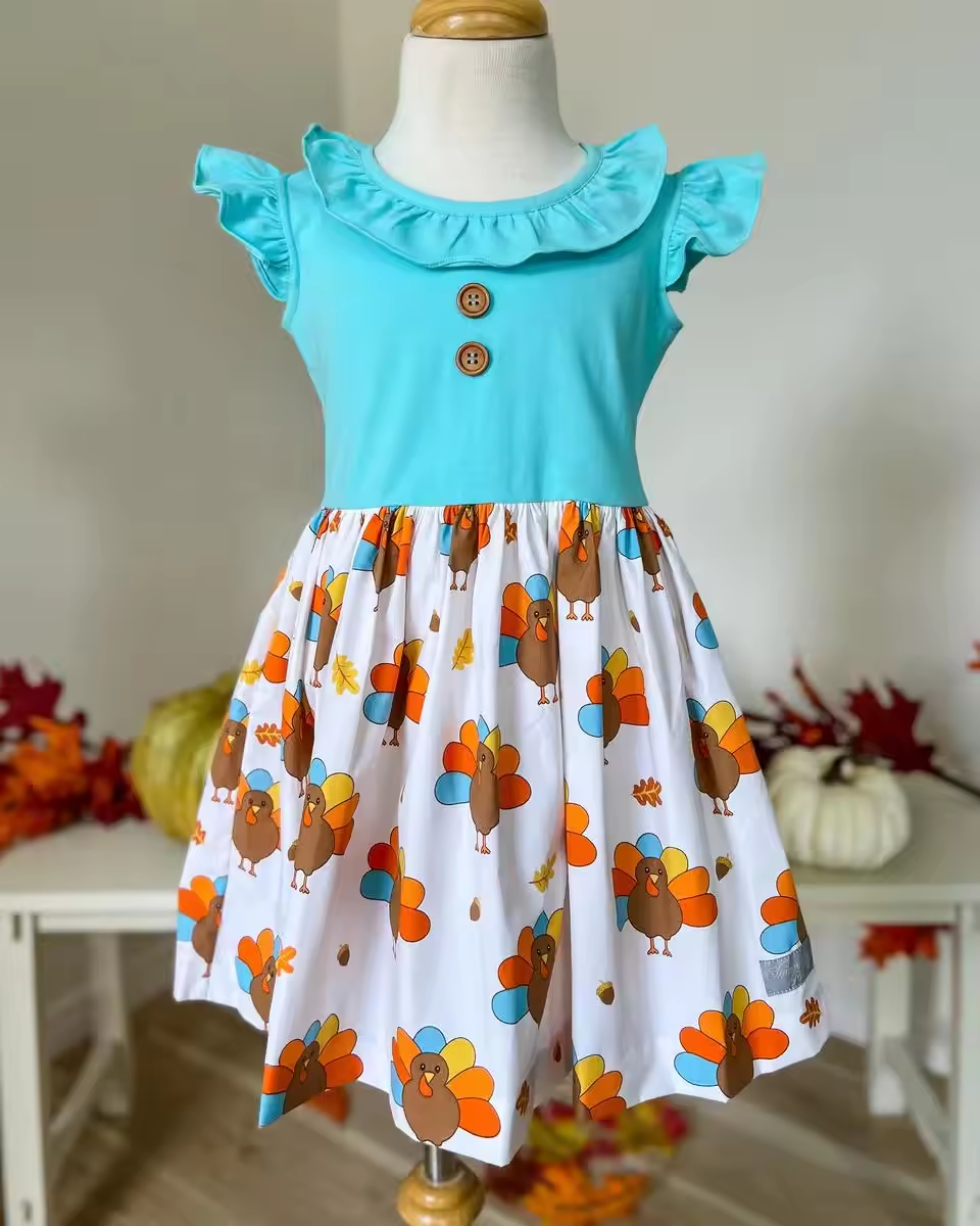 GSD1333 turkey thanksgiving girl short sleeves girl dress preorder 202405