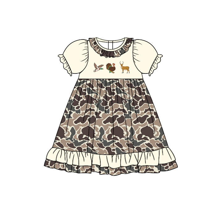 GSD1353 duck deer turkey girl short sleeves girl dress preorder 202405 sibling