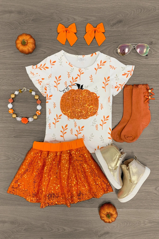 Halloween pumpkin sequin orange skirt sibling GSD1399 girl skirt outfit 202407 preorder