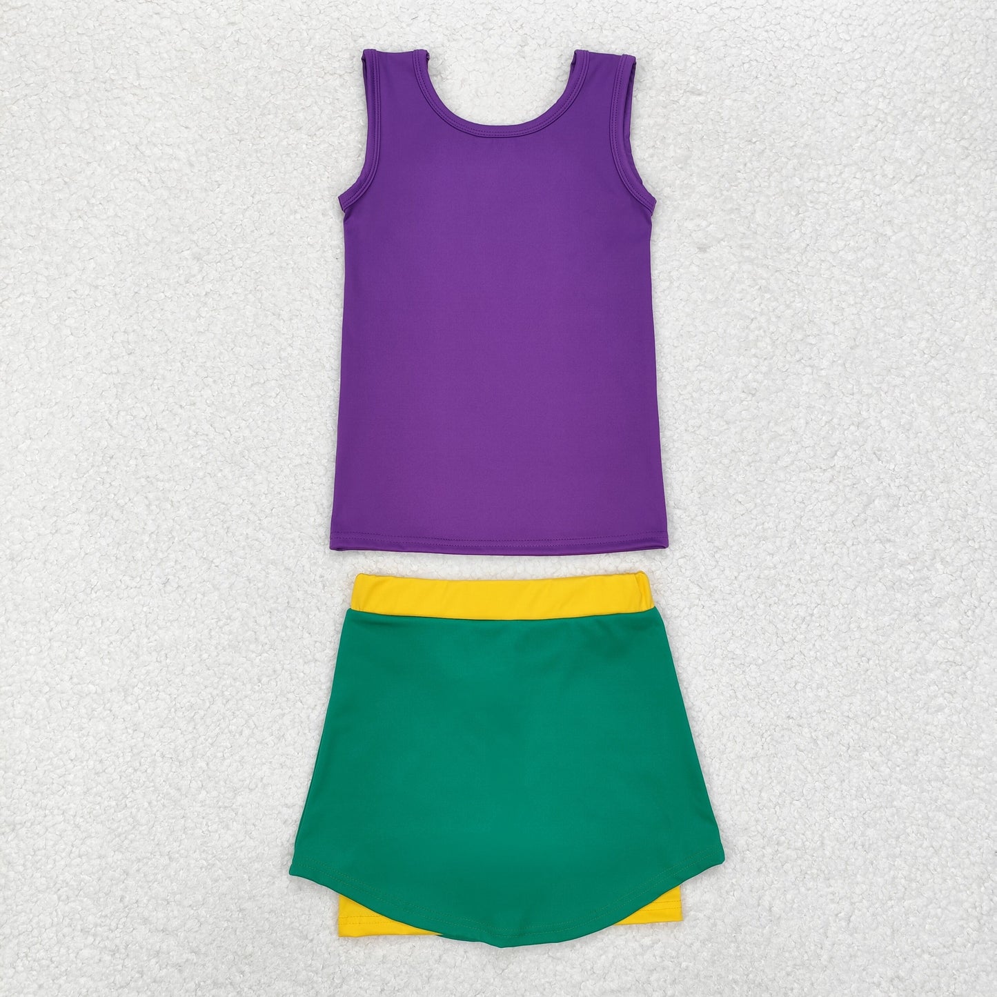 GSD1432 RTS  Mardi Gras colored athletic skirt setsMardi Gras short sleeves girl skirt OUTFIT 202411