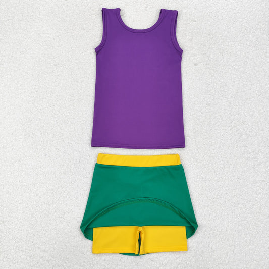 GSD1432 RTS  Mardi Gras colored athletic skirt setsMardi Gras short sleeves girl skirt OUTFIT 202411