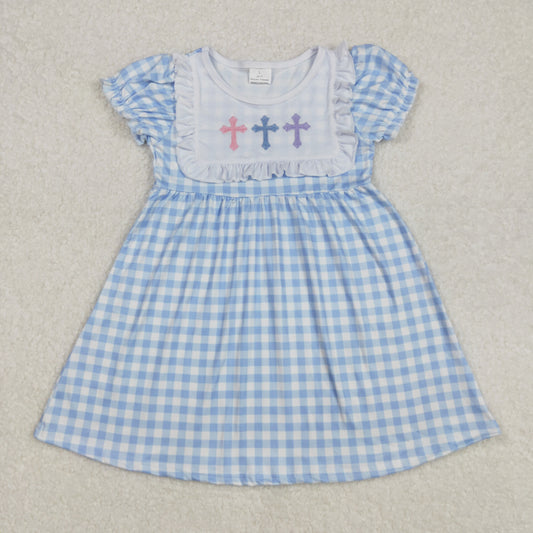 GSD1522  Embroidery  Easter cross plaid girl dress sibling 202502 RTS