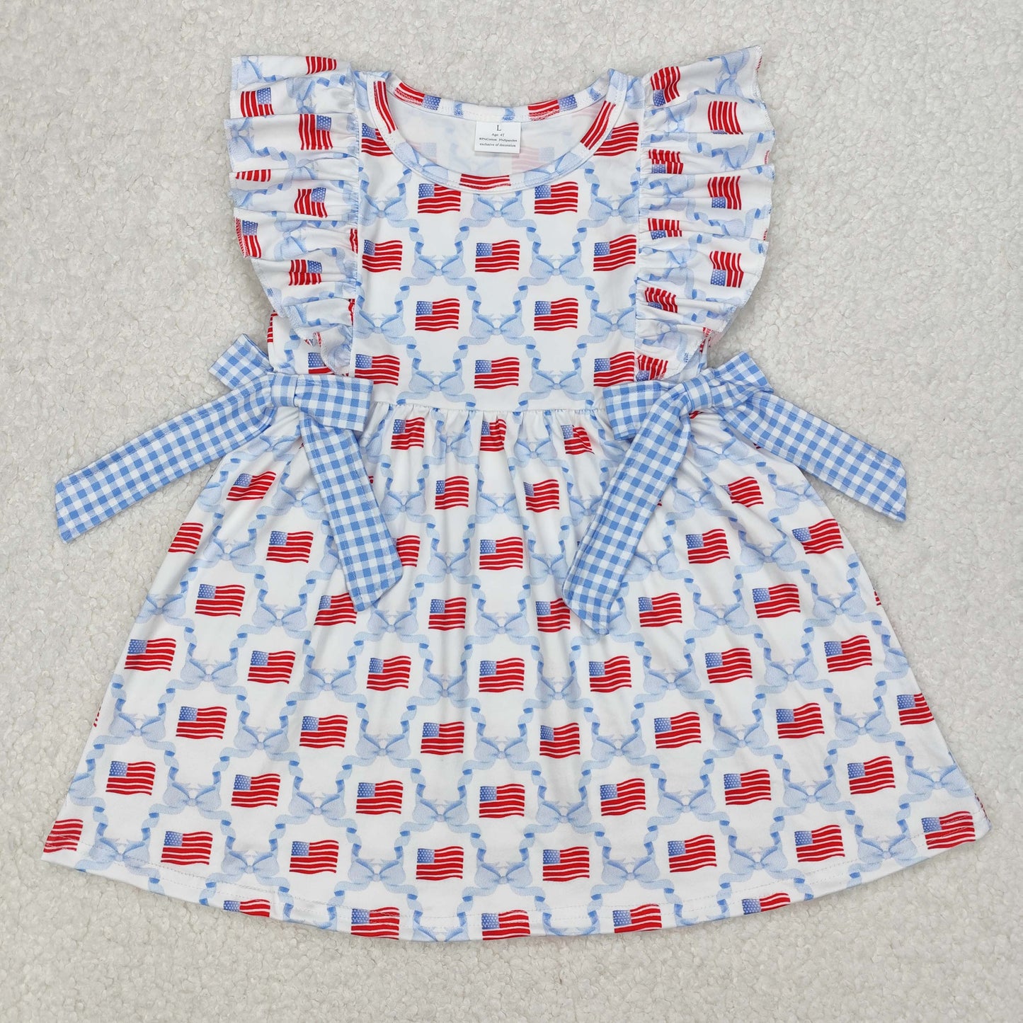 GSD1641 USA Flag 4th July blue pocket plaid bow girl dress 202503 RTS
