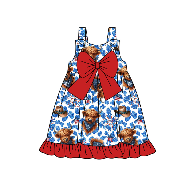 GSD1906 cow bow 4th July short sleeves girl dress 202405 preorder