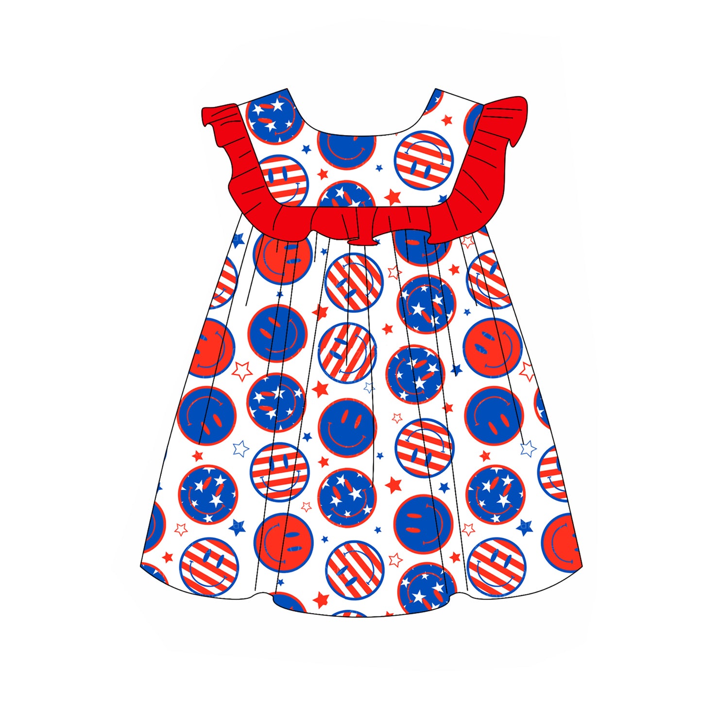 GSD2007 smile face 4th July western short sleeves girl dress 202502 preorder