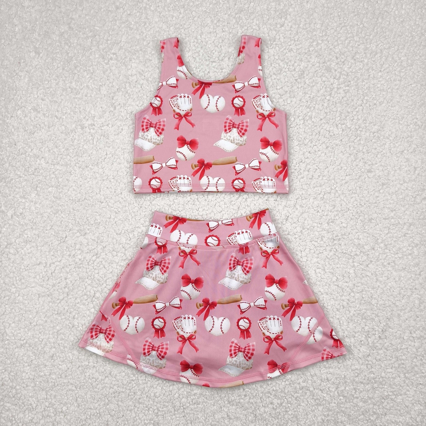 GSD2044 bow baseball yoga short sleeve girl skirt outfit 202504 RTS