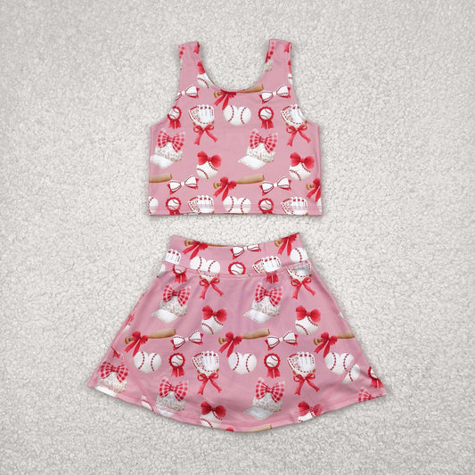 GSD2044 bow baseball yoga short sleeve girl skirt outfit 202504 RTS