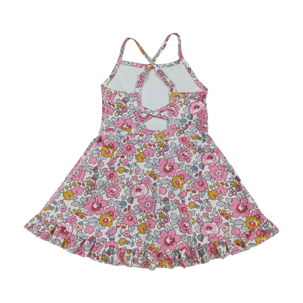 NO MOQ RTS GSD2278 Girl Clothes Vintage Floral Flower Print Sleeveless Criss Cross Strap Ruffle Hem Tennis Dress 202610