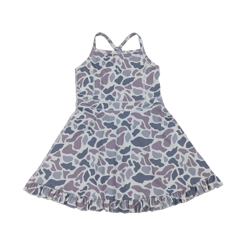 NO MOQ RTS GSD2308 Girl Clothes Purple Camo Spot Print Sleeveless Criss Cross Strap Ruffle Hem Tennis Dress 202610