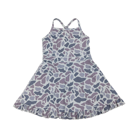 NO MOQ RTS GSD2308 Girl Clothes Purple Camo Spot Print Sleeveless Criss Cross Strap Ruffle Hem Tennis Dress 202610