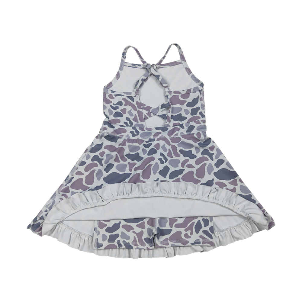NO MOQ RTS GSD2308 Girl Clothes Purple Camo Spot Print Sleeveless Criss Cross Strap Ruffle Hem Tennis Dress 202610